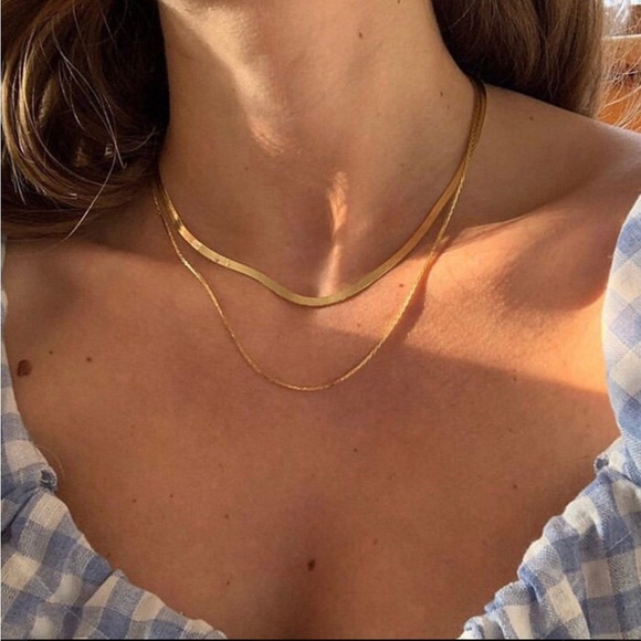 18K Gold Filled Double Layer Herringbone Necklace, Double Layer Choker Necklace - Picture 2 of 4